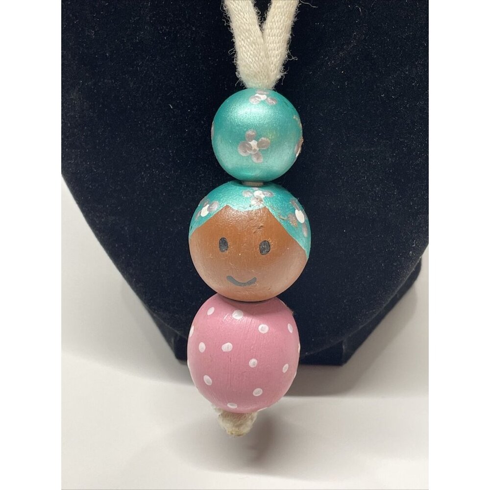 Vintage wooden handmade doll necklace hand painted Beads Pink Aqua Blue‎